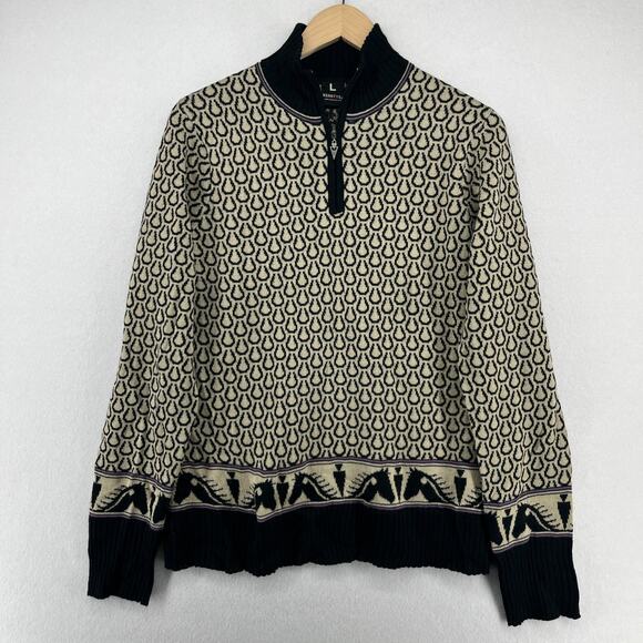 KERRITS Sweater Womens L Equestrian Horseshoe Wool Blend Jacquard 1/4 Zip Cream - Picture 1 of 16
